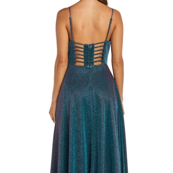 Morgan & Co Teal Caged Back Shimmer Gown - Picture 3 of 5